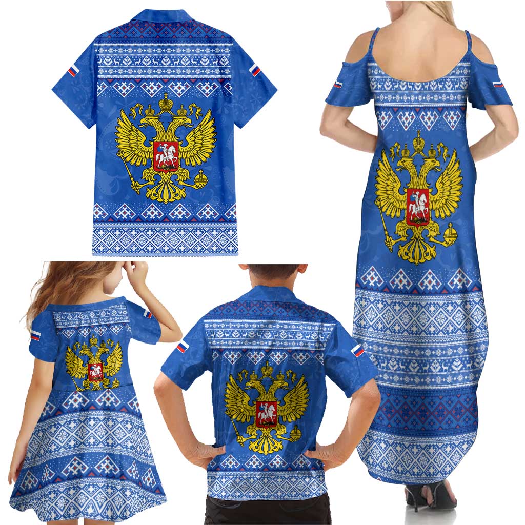 Russia Matryoshka Spirit Family Matching Summer Maxi Dress and Hawaiian Shirt with Folk Pattern and Double-Headed Eagle Emblem
