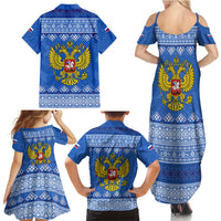 Russia Matryoshka Spirit Family Matching Summer Maxi Dress and Hawaiian Shirt with Folk Pattern and Double-Headed Eagle Emblem