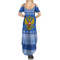 Russia Matryoshka Spirit Family Matching Summer Maxi Dress and Hawaiian Shirt with Folk Pattern and Double-Headed Eagle Emblem