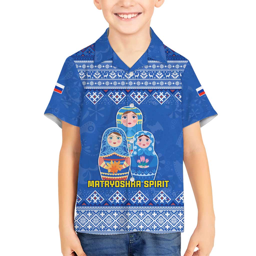 Russia Matryoshka Spirit Family Matching Summer Maxi Dress and Hawaiian Shirt with Folk Pattern and Double-Headed Eagle Emblem