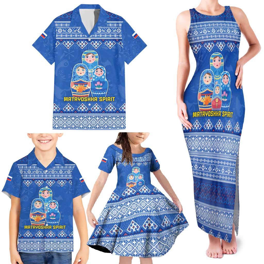 Russia Matryoshka Spirit Family Matching Tank Maxi Dress and Hawaiian Shirt with Folk Pattern and Double-Headed Eagle Emblem