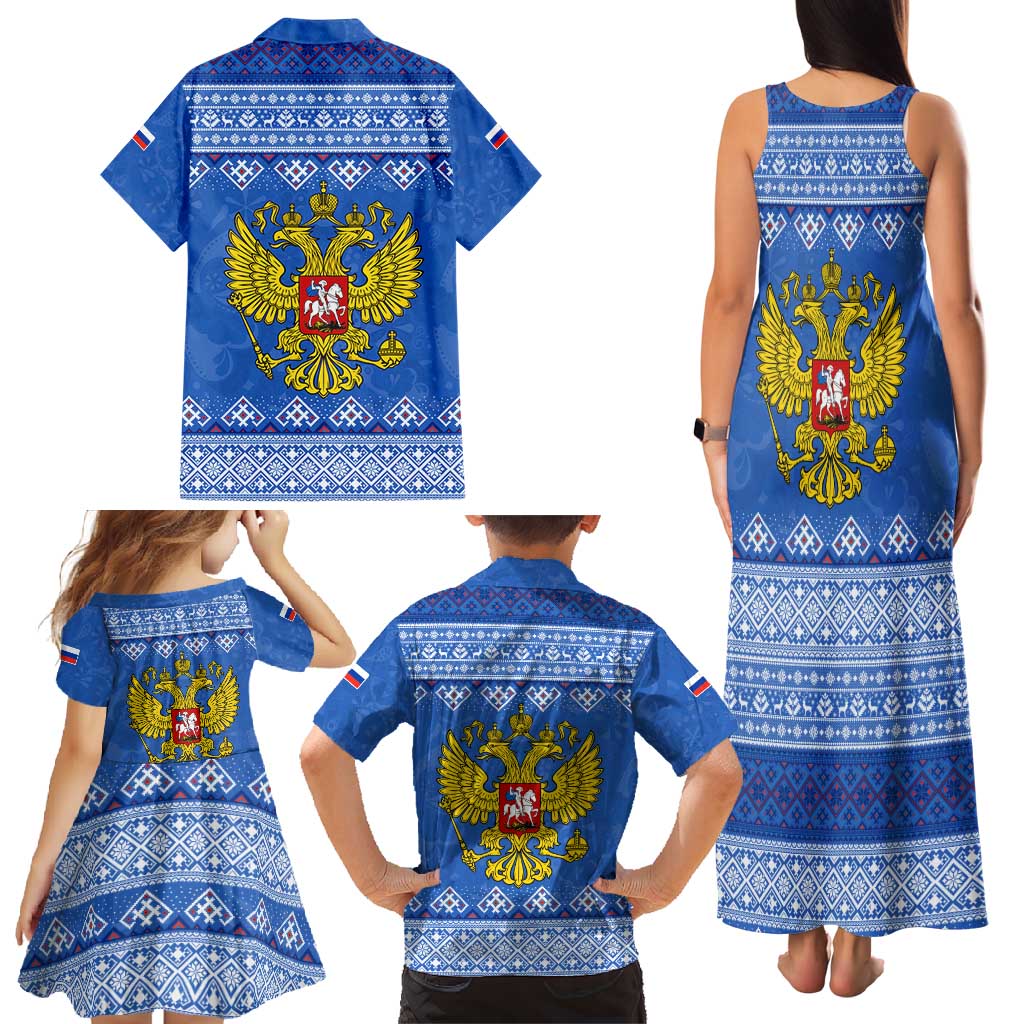 Russia Matryoshka Spirit Family Matching Tank Maxi Dress and Hawaiian Shirt with Folk Pattern and Double-Headed Eagle Emblem