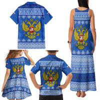 Russia Matryoshka Spirit Family Matching Tank Maxi Dress and Hawaiian Shirt with Folk Pattern and Double-Headed Eagle Emblem
