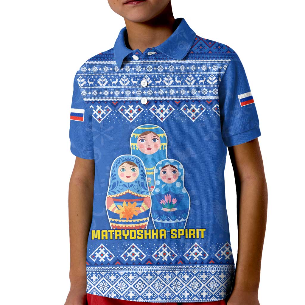 Russia Matryoshka Spirit Kid Polo Shirt with Folk Pattern and Double-Headed Eagle Emblem