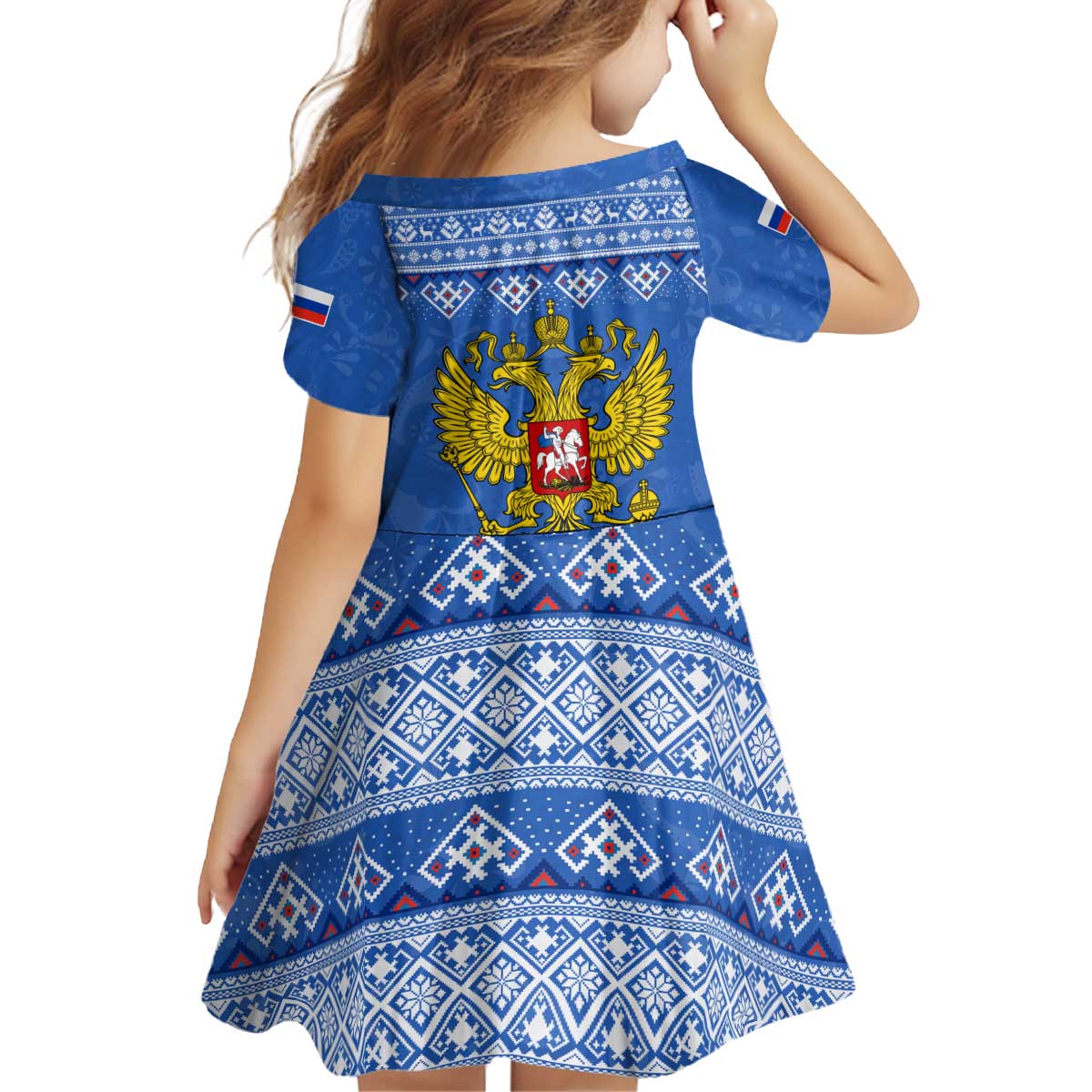 Russia Matryoshka Spirit Kid Short Sleeve Dress with Folk Pattern and Double-Headed Eagle Emblem