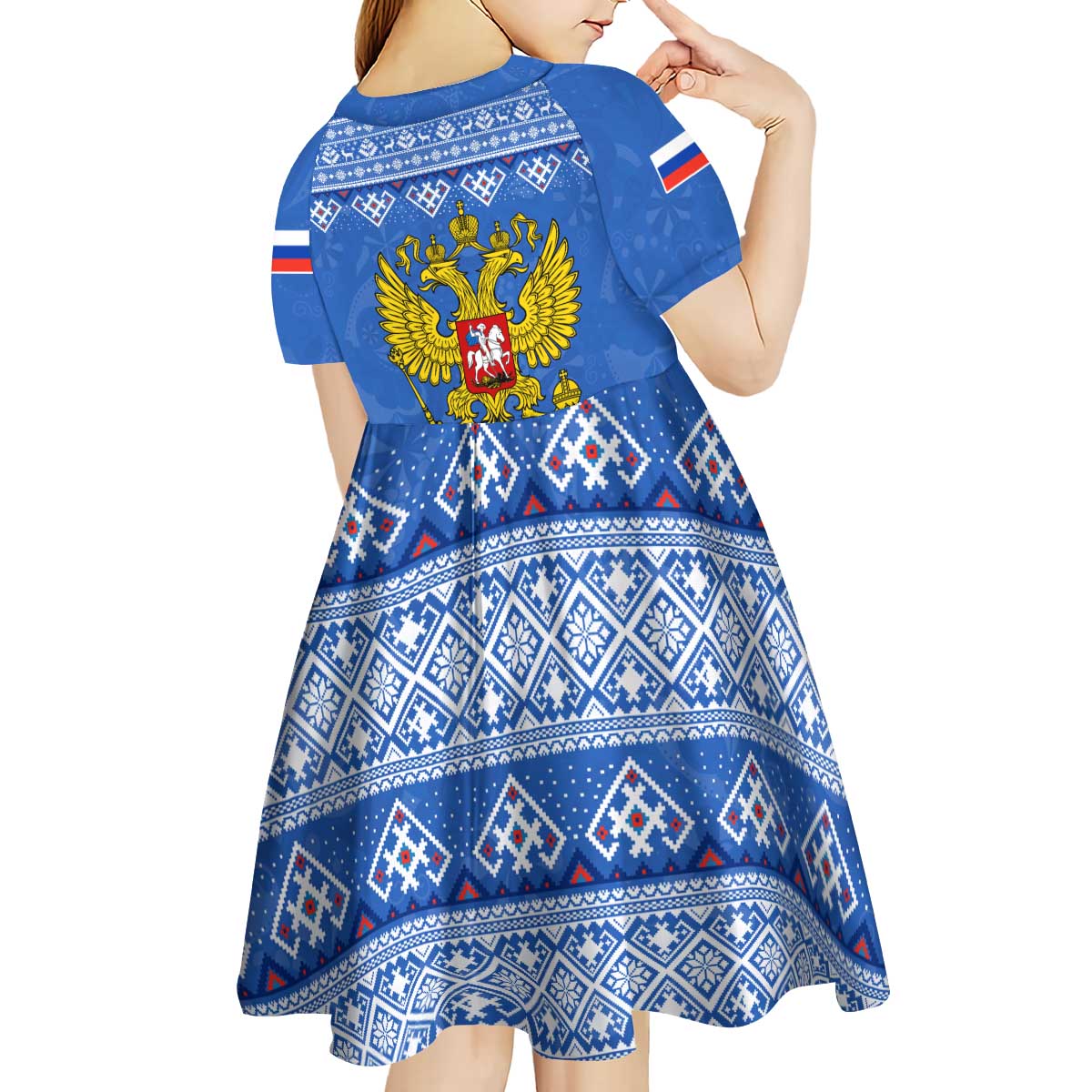 Russia Matryoshka Spirit Kid Short Sleeve Dress with Folk Pattern and Double-Headed Eagle Emblem