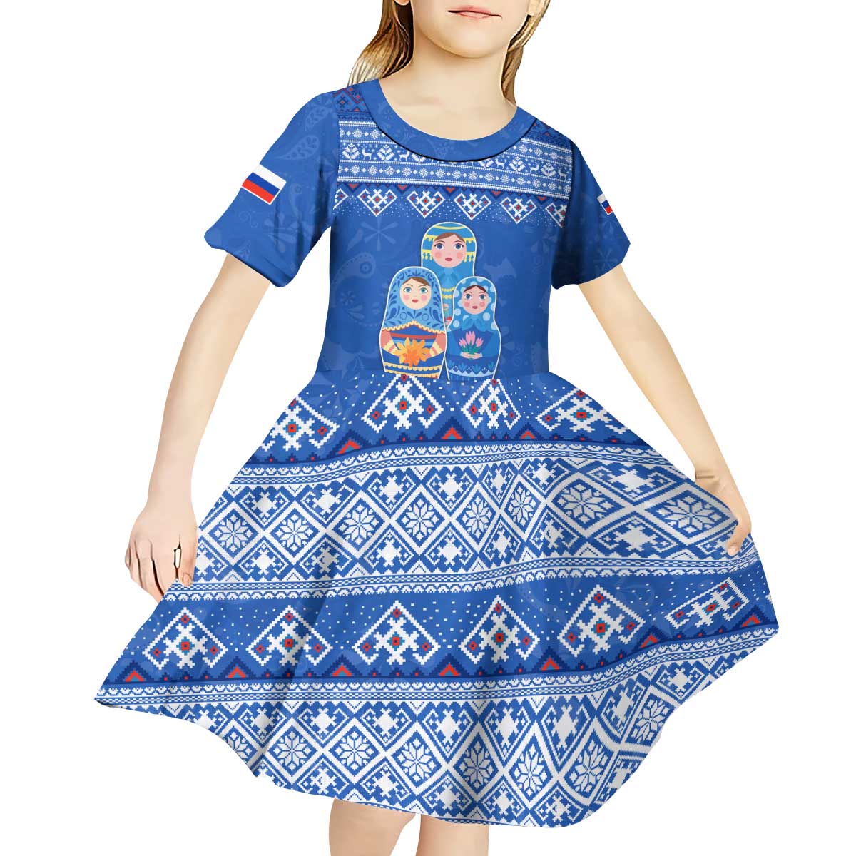 Russia Matryoshka Spirit Kid Short Sleeve Dress with Folk Pattern and Double-Headed Eagle Emblem
