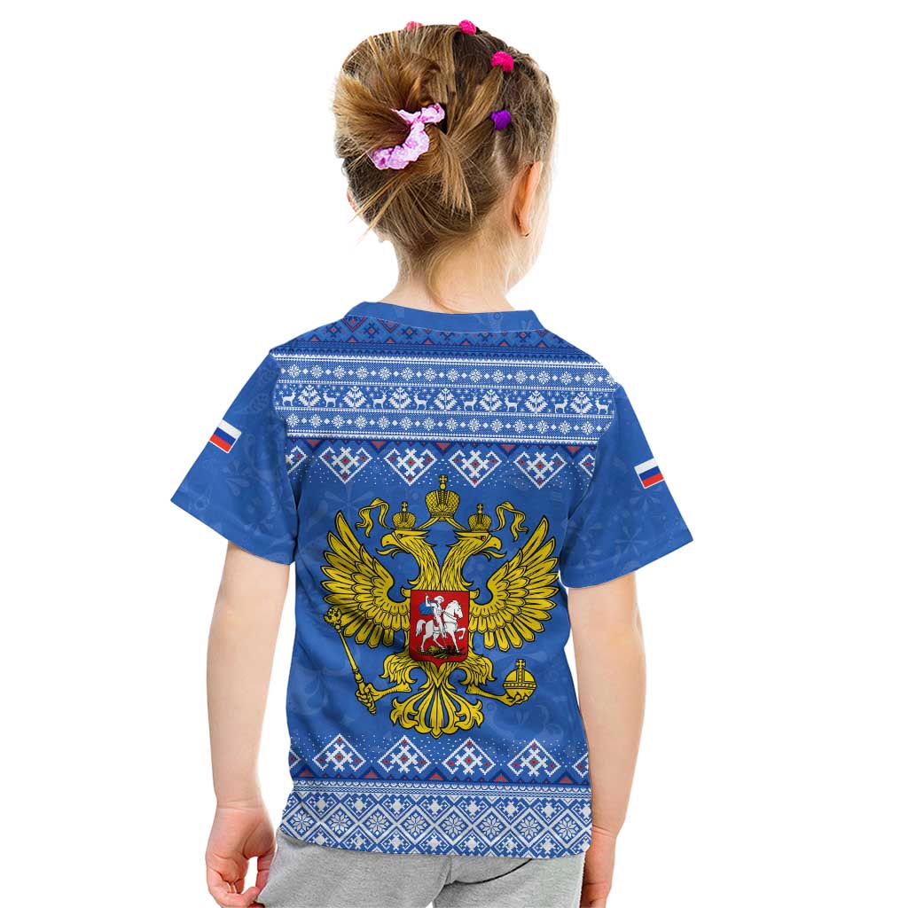 Russia Matryoshka Spirit Kid T Shirt with Folk Pattern and Double-Headed Eagle Emblem
