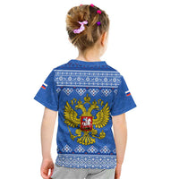 Russia Matryoshka Spirit Kid T Shirt with Folk Pattern and Double-Headed Eagle Emblem