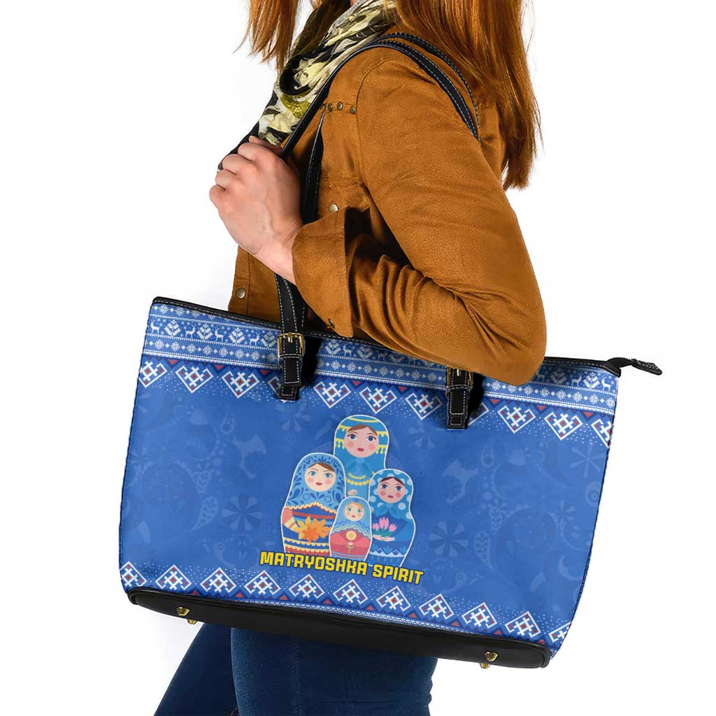 Russia Matryoshka Spirit Leather Tote Bag with Folk Pattern and Double-Headed Eagle Emblem