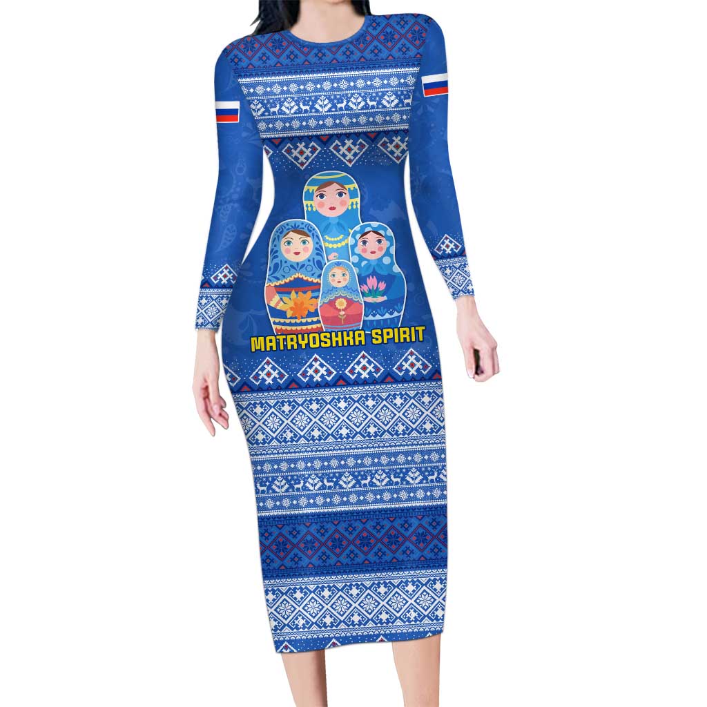 Russia Matryoshka Spirit Long Sleeve Bodycon Dress with Folk Pattern and Double-Headed Eagle Emblem