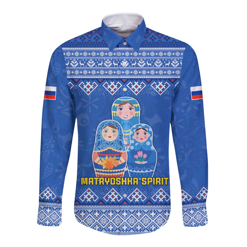 Russia Matryoshka Spirit Long Sleeve Button Shirt with Folk Pattern and Double-Headed Eagle Emblem