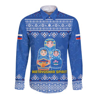 Russia Matryoshka Spirit Long Sleeve Button Shirt with Folk Pattern and Double-Headed Eagle Emblem