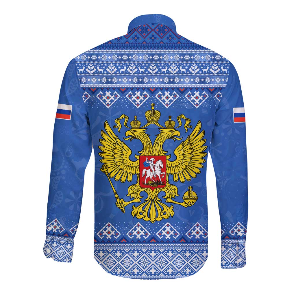 Russia Matryoshka Spirit Long Sleeve Button Shirt with Folk Pattern and Double-Headed Eagle Emblem