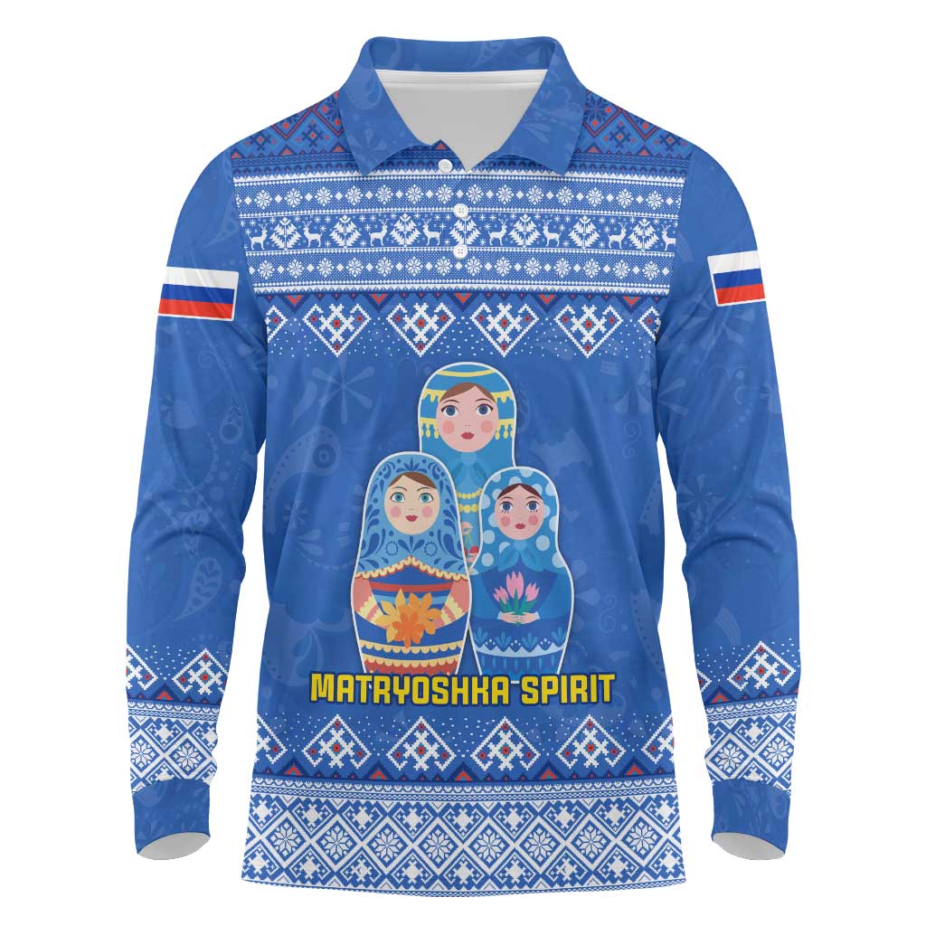 Russia Matryoshka Spirit Long Sleeve Polo Shirt with Folk Pattern and Double-Headed Eagle Emblem