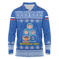 Russia Matryoshka Spirit Long Sleeve Polo Shirt with Folk Pattern and Double-Headed Eagle Emblem