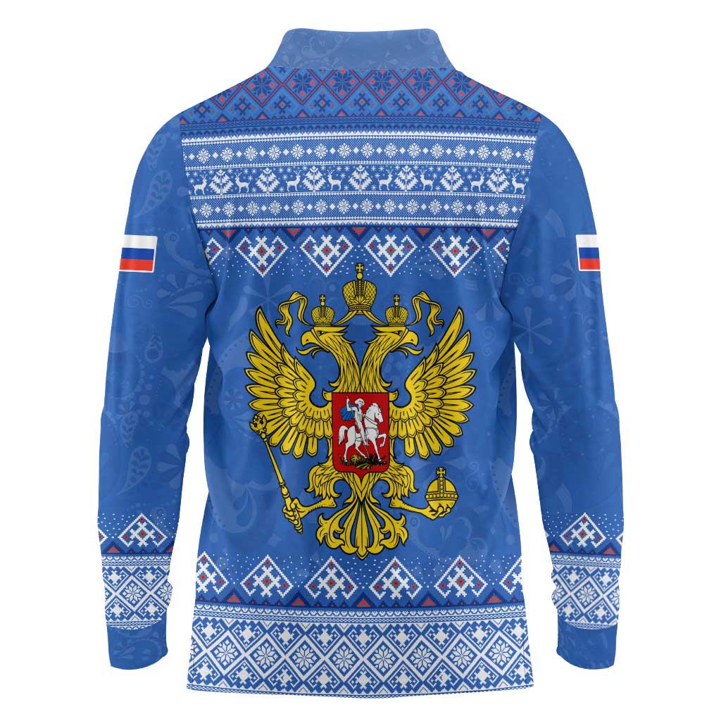 Russia Matryoshka Spirit Long Sleeve Polo Shirt with Folk Pattern and Double-Headed Eagle Emblem