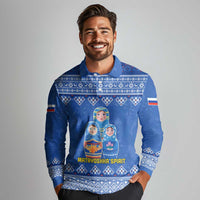Russia Matryoshka Spirit Long Sleeve Polo Shirt with Folk Pattern and Double-Headed Eagle Emblem