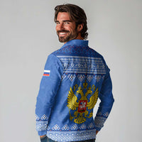 Russia Matryoshka Spirit Long Sleeve Polo Shirt with Folk Pattern and Double-Headed Eagle Emblem
