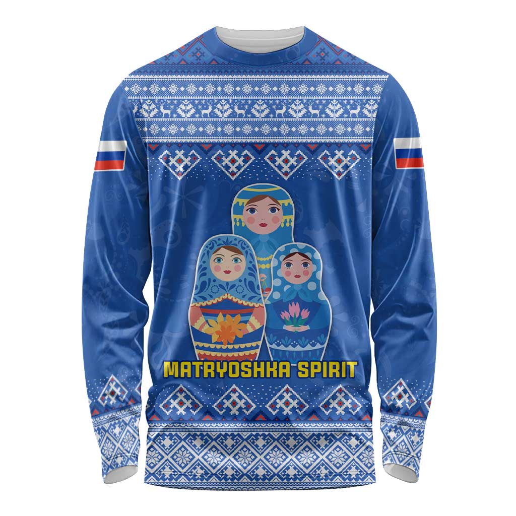 Russia Matryoshka Spirit Long Sleeve Shirt with Folk Pattern and Double-Headed Eagle Emblem