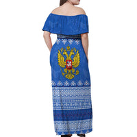 Russia Matryoshka Spirit Off Shoulder Maxi Dress with Folk Pattern and Double-Headed Eagle Emblem