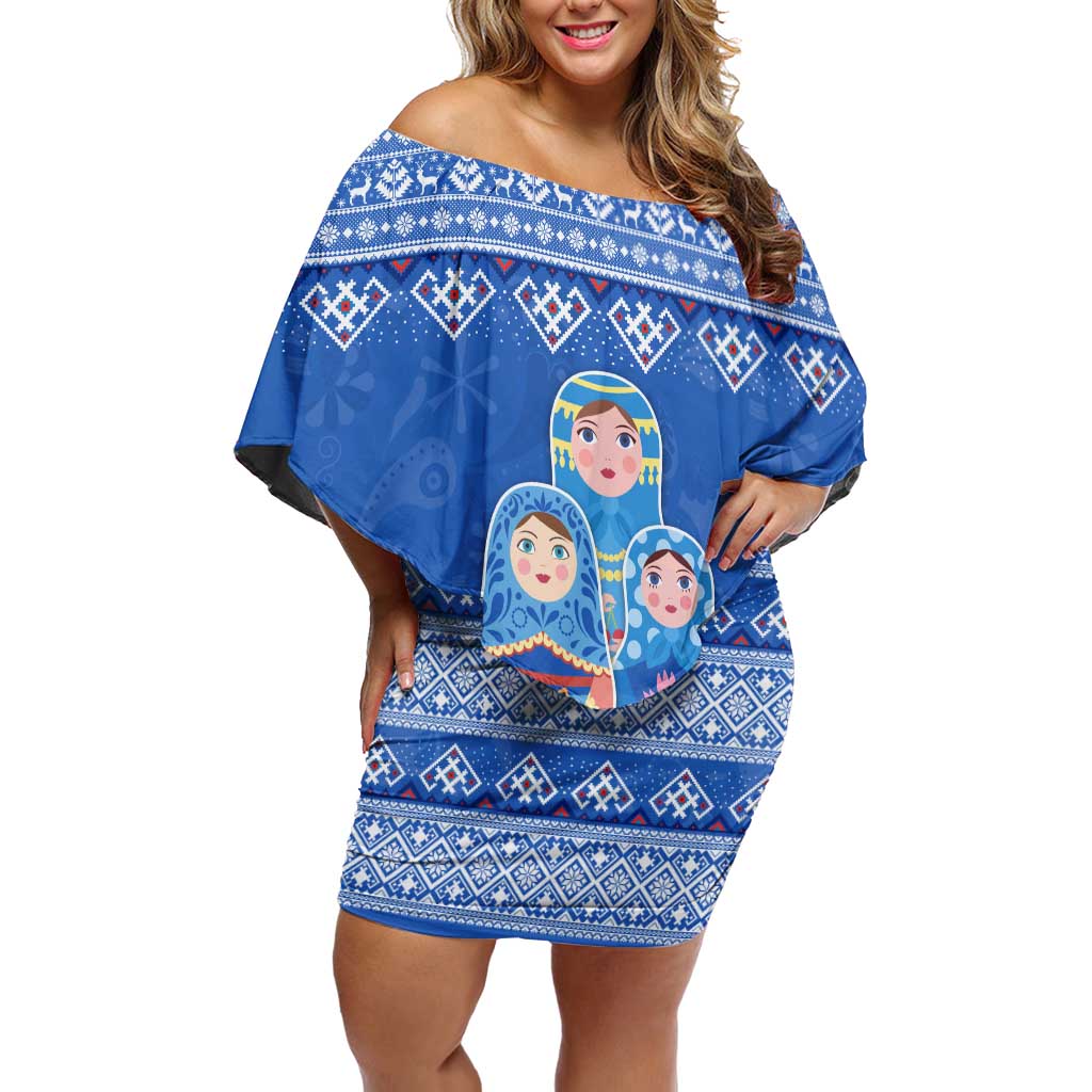 Russia Matryoshka Spirit Off Shoulder Short Dress with Folk Pattern and Double-Headed Eagle Emblem