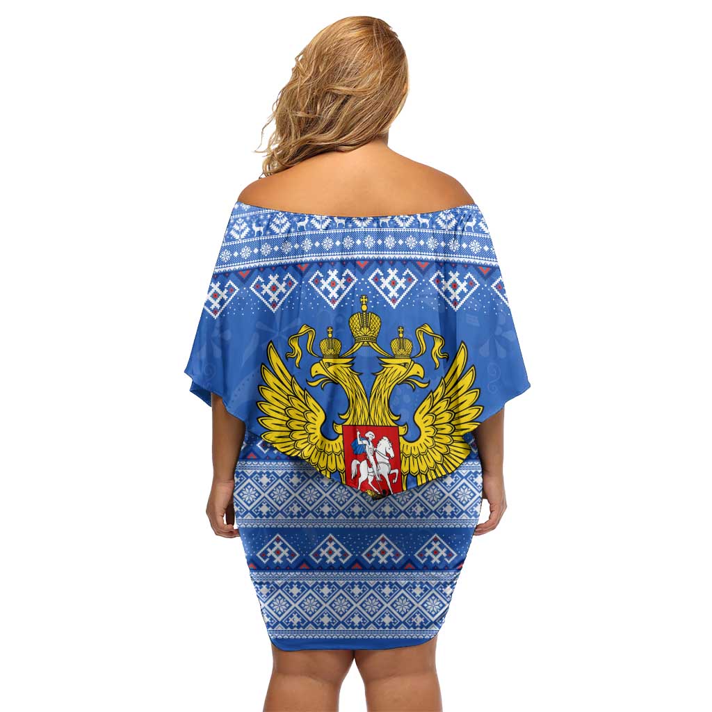 Russia Matryoshka Spirit Off Shoulder Short Dress with Folk Pattern and Double-Headed Eagle Emblem