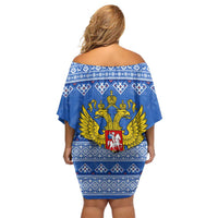 Russia Matryoshka Spirit Off Shoulder Short Dress with Folk Pattern and Double-Headed Eagle Emblem