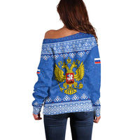 Russia Matryoshka Spirit Off Shoulder Sweater with Folk Pattern and Double-Headed Eagle Emblem