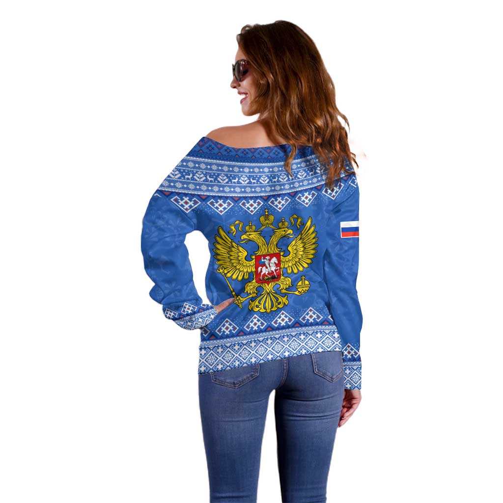 Russia Matryoshka Spirit Off Shoulder Sweater with Folk Pattern and Double-Headed Eagle Emblem