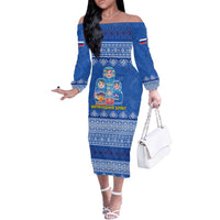 Russia Matryoshka Spirit Off The Shoulder Long Sleeve Dress with Folk Pattern and Double-Headed Eagle Emblem