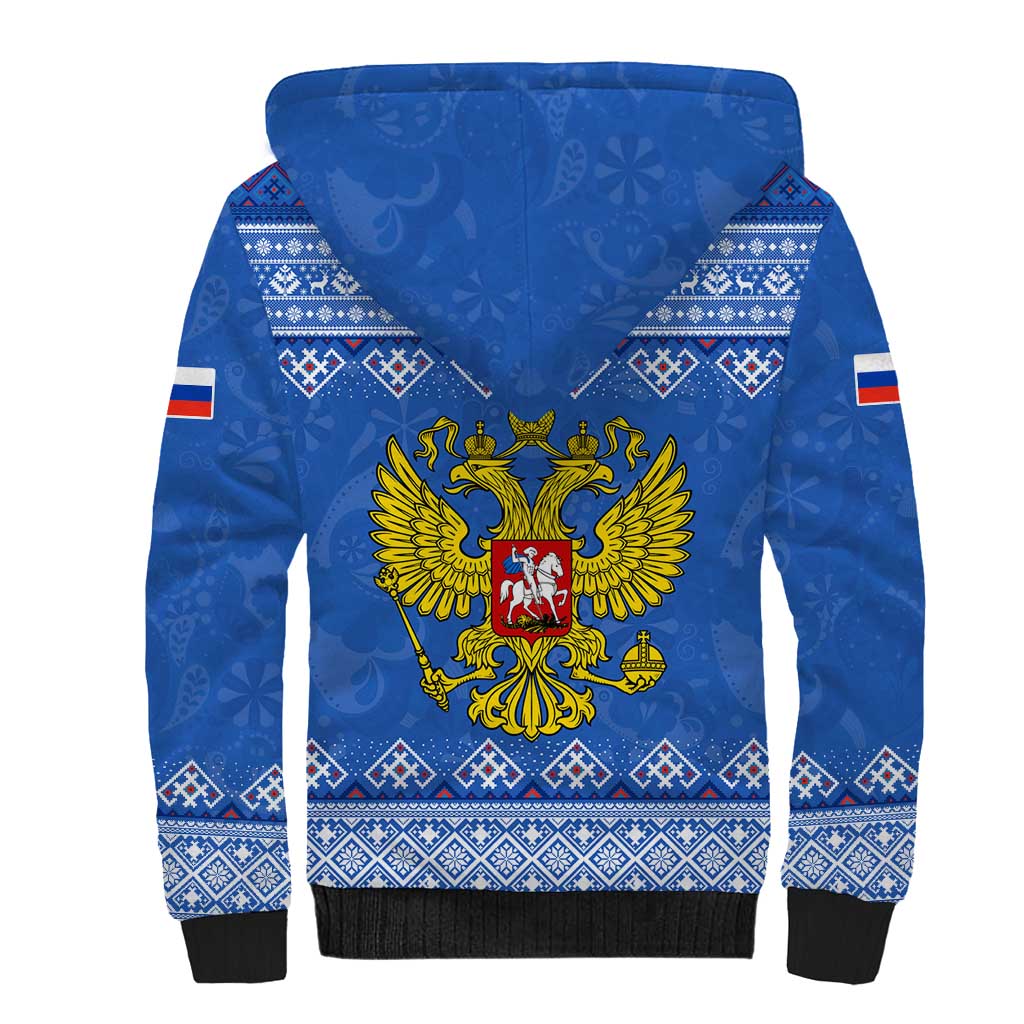 Russia Matryoshka Spirit Sherpa Hoodie with Folk Pattern and Double-Headed Eagle Emblem