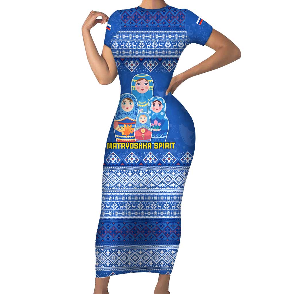 Russia Matryoshka Spirit Short Sleeve Bodycon Dress with Folk Pattern and Double-Headed Eagle Emblem