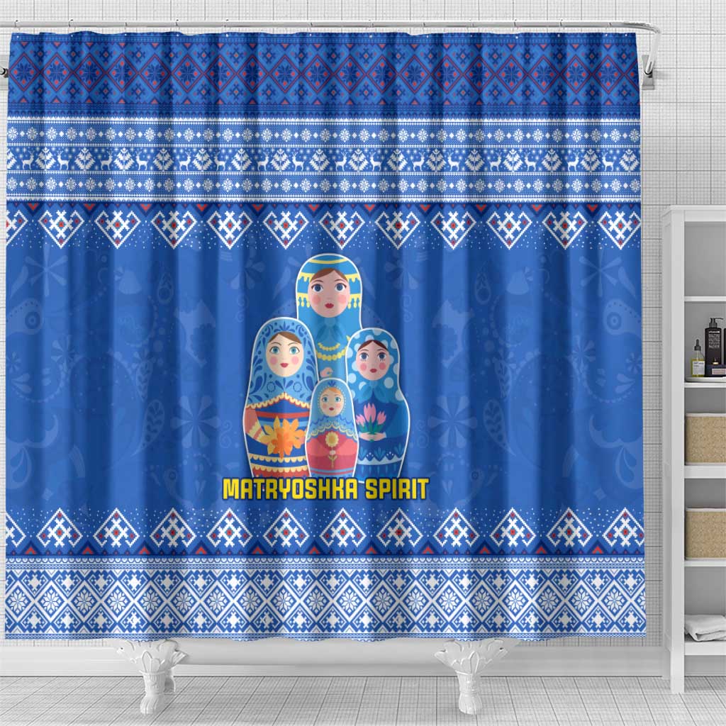 Russia Matryoshka Spirit Shower Curtain with Folk Pattern and Double-Headed Eagle Emblem