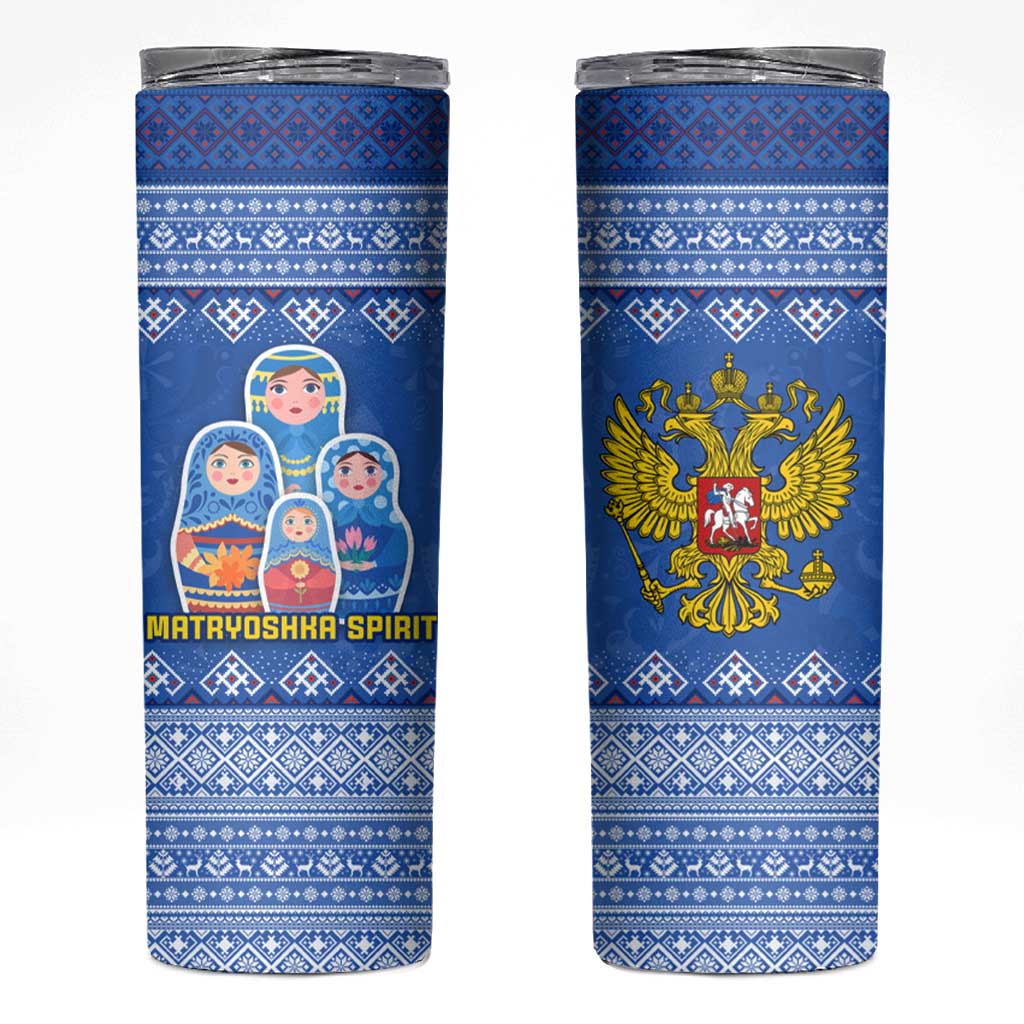 Russia Matryoshka Spirit Skinny Tumbler with Folk Pattern and Double-Headed Eagle Emblem