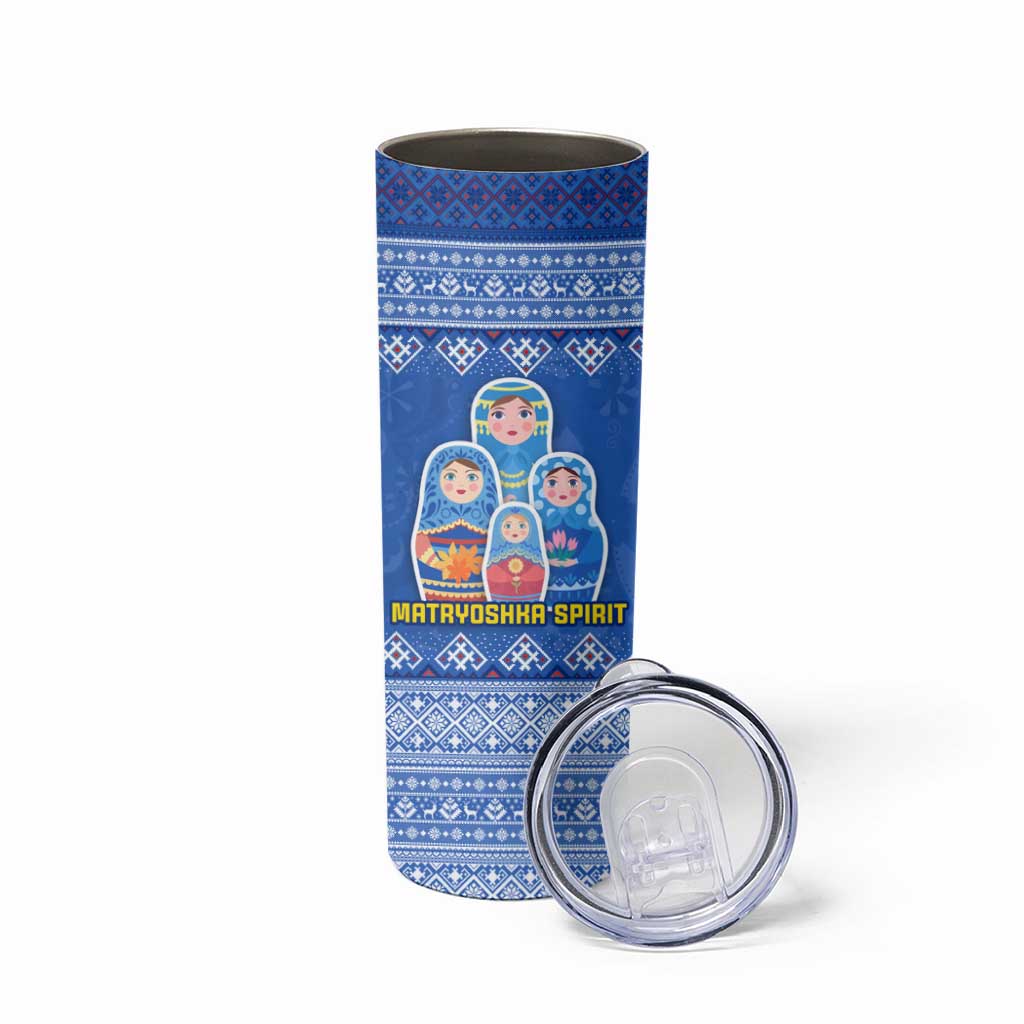 Russia Matryoshka Spirit Skinny Tumbler with Folk Pattern and Double-Headed Eagle Emblem