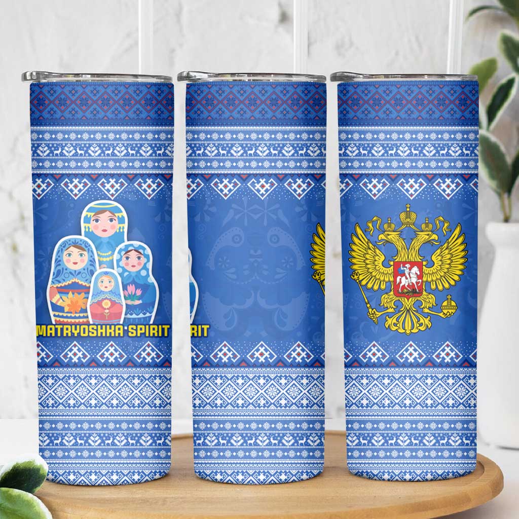 Russia Matryoshka Spirit Skinny Tumbler with Folk Pattern and Double-Headed Eagle Emblem
