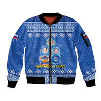 Russia Matryoshka Spirit Sleeve Zip Bomber Jacket with Folk Pattern and Double-Headed Eagle Emblem