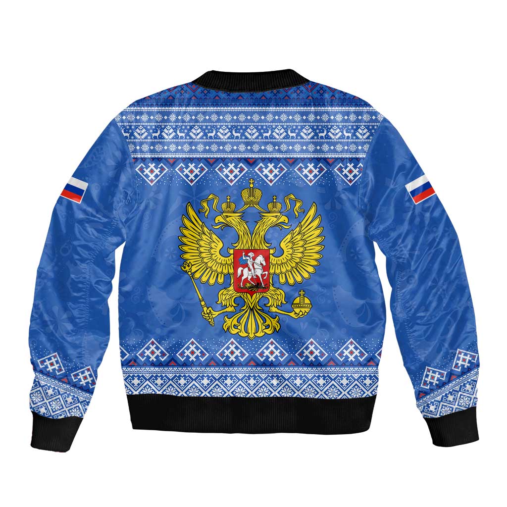 Russia Matryoshka Spirit Sleeve Zip Bomber Jacket with Folk Pattern and Double-Headed Eagle Emblem