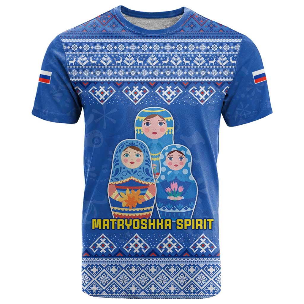 Russia Matryoshka Spirit T Shirt with Folk Pattern and Double-Headed Eagle Emblem