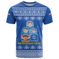 Russia Matryoshka Spirit T Shirt with Folk Pattern and Double-Headed Eagle Emblem