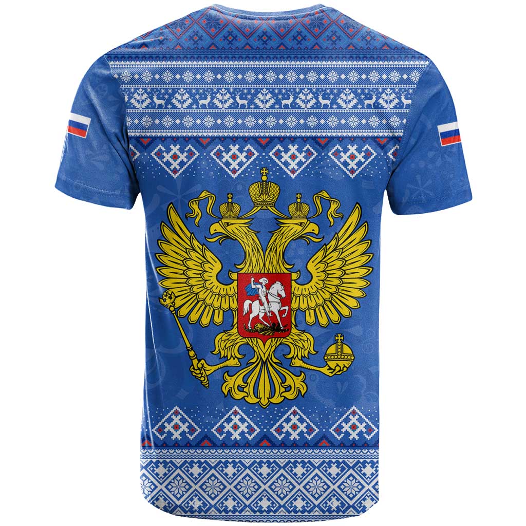 Russia Matryoshka Spirit T Shirt with Folk Pattern and Double-Headed Eagle Emblem