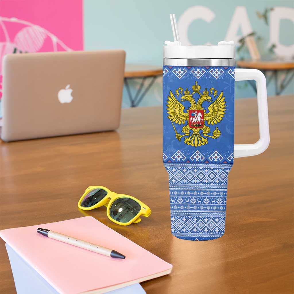 Russia Matryoshka Spirit Tumbler With Handle with Folk Pattern and Double-Headed Eagle Emblem