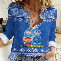 Russia Matryoshka Spirit Women Casual Shirt with Folk Pattern and Double-Headed Eagle Emblem