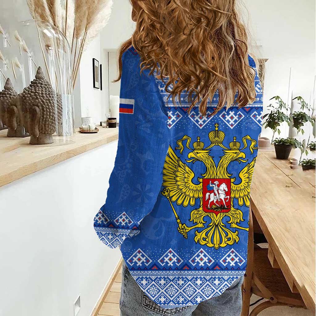 Russia Matryoshka Spirit Women Casual Shirt with Folk Pattern and Double-Headed Eagle Emblem