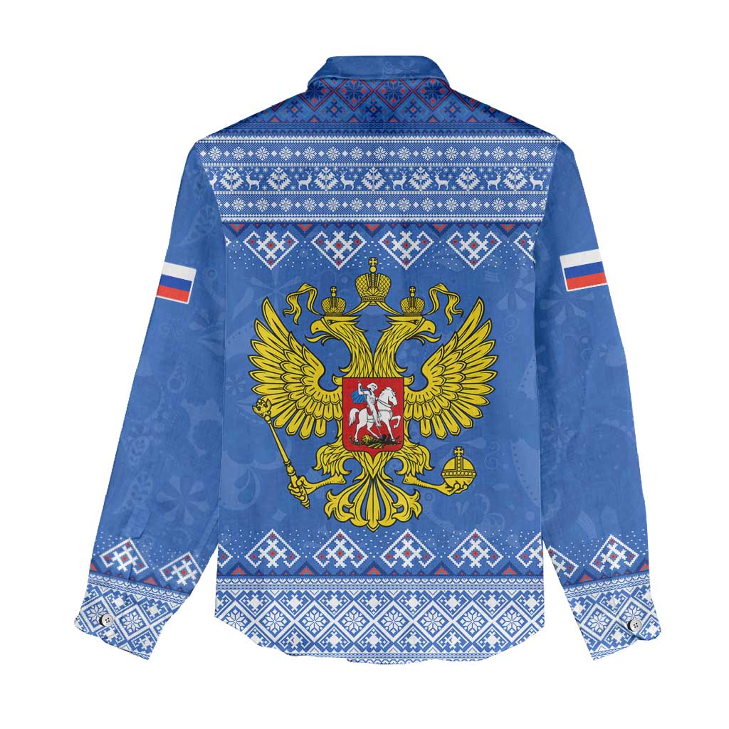 Russia Matryoshka Spirit Women Casual Shirt with Folk Pattern and Double-Headed Eagle Emblem