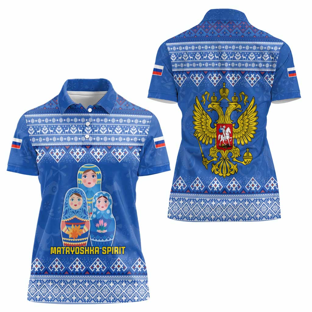 Russia Matryoshka Spirit Women Polo Shirt with Folk Pattern and Double-Headed Eagle Emblem