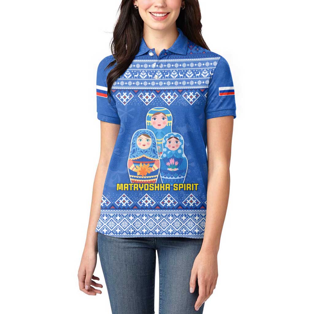 Russia Matryoshka Spirit Women Polo Shirt with Folk Pattern and Double-Headed Eagle Emblem