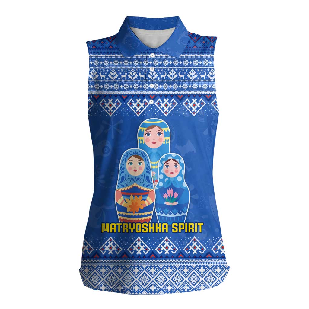 Russia Matryoshka Spirit Women Sleeveless Polo Shirt with Folk Pattern and Double-Headed Eagle Emblem