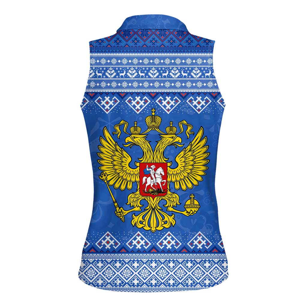 Russia Matryoshka Spirit Women Sleeveless Polo Shirt with Folk Pattern and Double-Headed Eagle Emblem